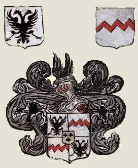 Blason en quatre parties composé de deux aigles noirs et de deux vagues rouges, surmonté d'un heaume.