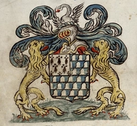 Blason de vair et d'hermine, encadré par deux lions et surmonté d'un heaume sur lequel est posé un cygne.