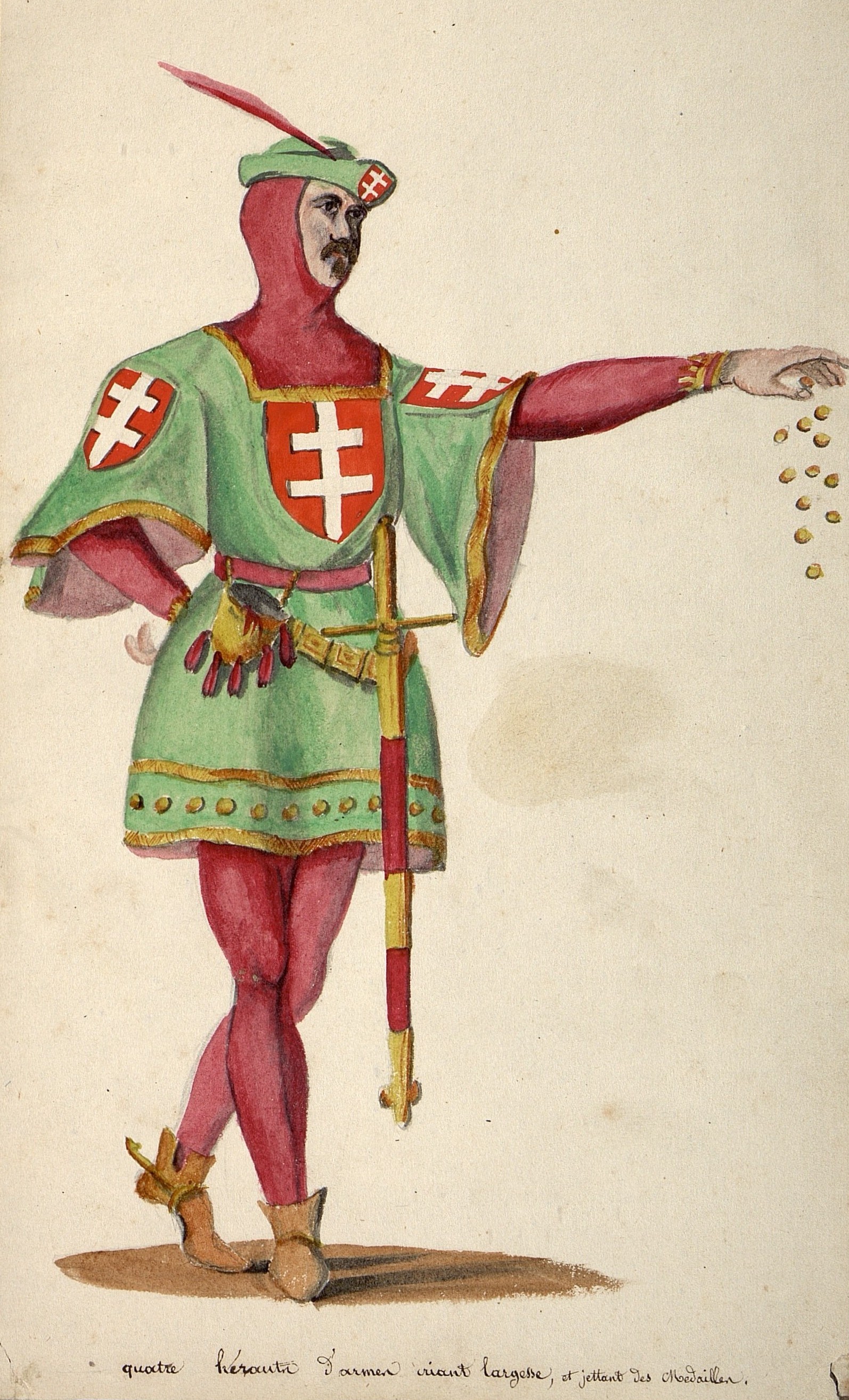 Homme de face avec le visage de profil jetant des médailles.  L'homme est vêtu d'une tunique verte bordée d'or sur des collants rouges et porte des chausses marrons aux éperons d'or.  Une longue épée et un sac sont supendus à sa ceinture.  Il est coiffé d'un chapeau vert avec une petite plume rouge.