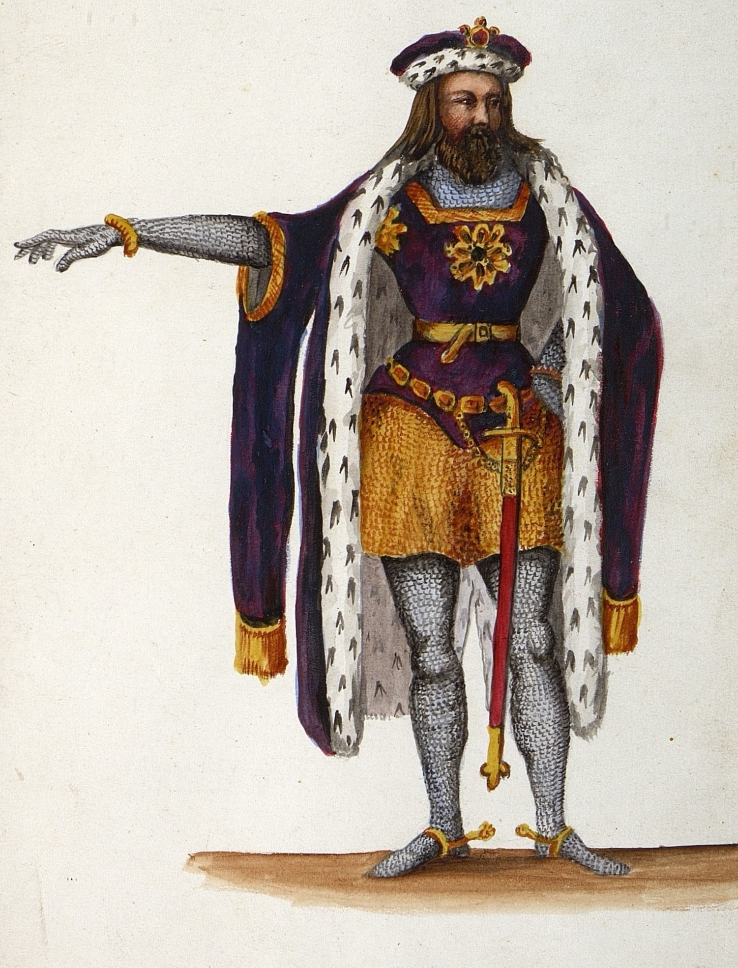 Homme de face vêtu d'une tunique violette bordée d'or avec une jupe d'or sur une cotte de mailles. Il porte une grande cape violette bordée d'hermine.  Une longue épée est supendue à sa ceinture.  Il est coiffé d'un chapeau violet bordé de fourrure.