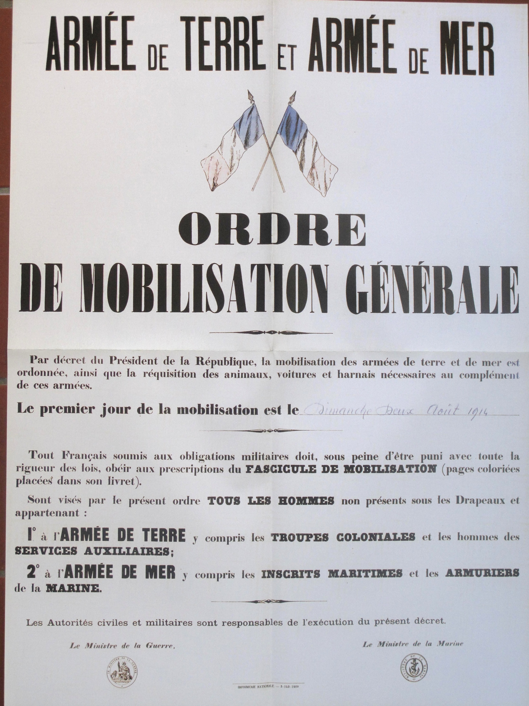 Ordre de mobilisation générale du 2 août 1914. Affiche.