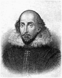Lithographie noir et blanc montrant le buste d'un homme dégarni portant une fraise, un bouc et une petite moustache.