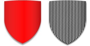 Blason rouge à côté d'un blason blanc recouvert de lignes verticales.