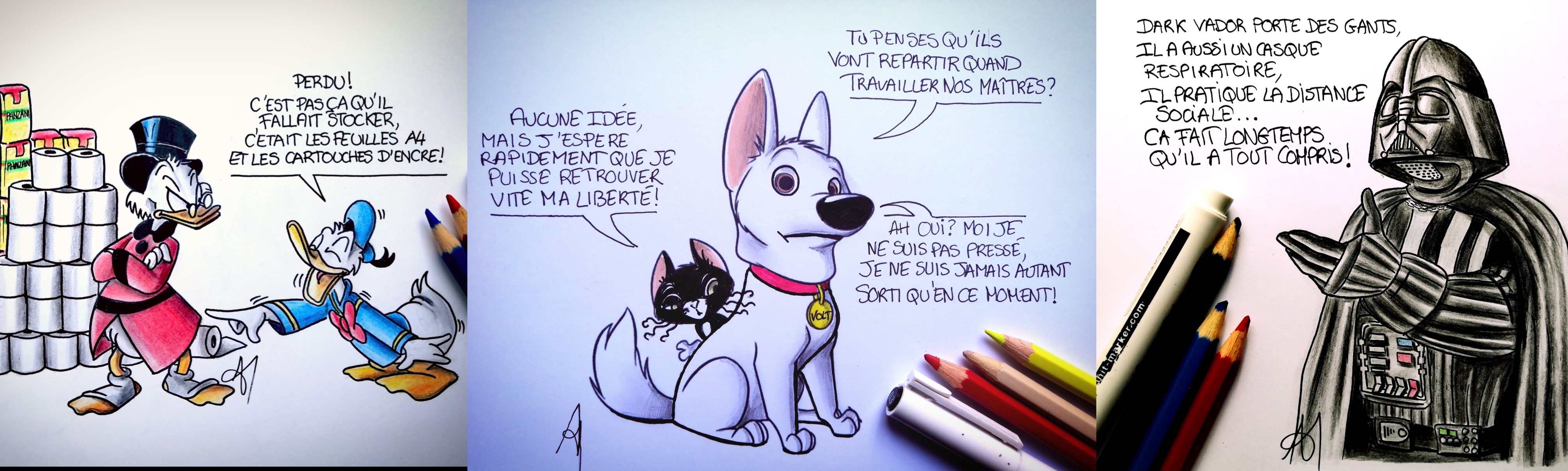 Collage de trois dessins manuscrits et colorés.