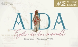 Visuel d'exposition couleur sur lequel est écrit Aïda.