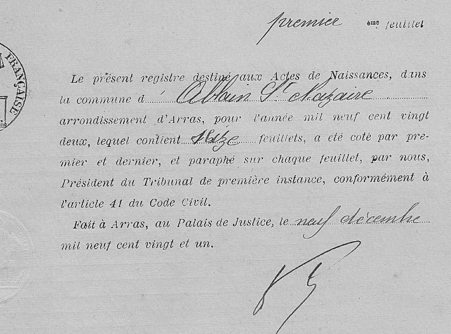 Extrait de la page de garde du cahier des actes de naissance de 1922 d'Ablain-Saint-Nazaire