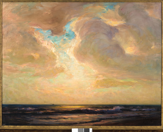 huile sur toile montrant un ciel nuageux percé d'un rayon de soleil et une mer houleuse