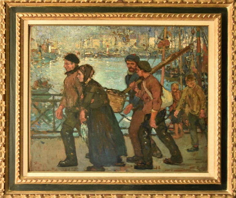 huile sur carton représentant des pêcheurs revenant d'une journée de travail dans le port de Boulogne-sur-Mer